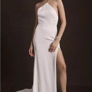JENNY YOO PEARL SATIN FIT & FLARE HALTER WEDDING GOWN